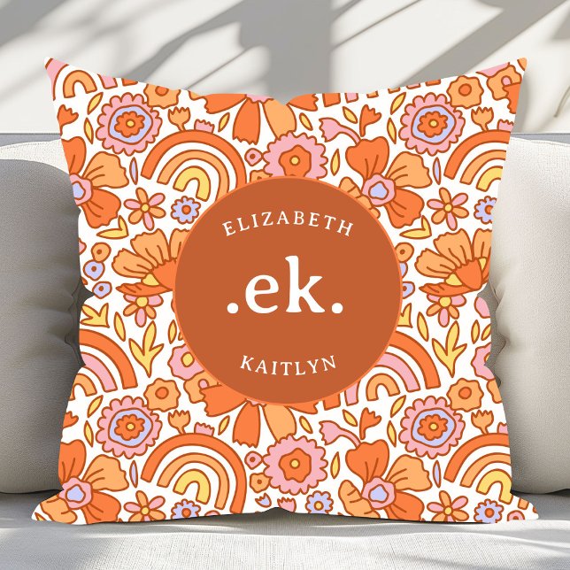 Coussin Monogramme super Retro Orange Florals (Créateur téléchargé)