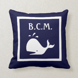 Coussin monogramme sur le BLANC de baleine et d'Ancre sur