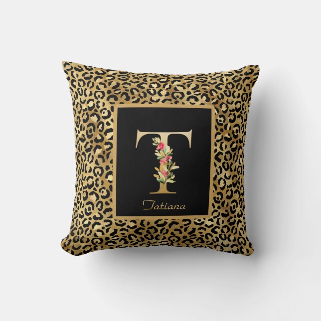 Coussin Monogramme T personnalisé Léopard Moderne (Recto)