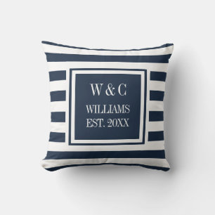 Coussin Monogramme Tendance Bleu Nuit Rayure Blanche