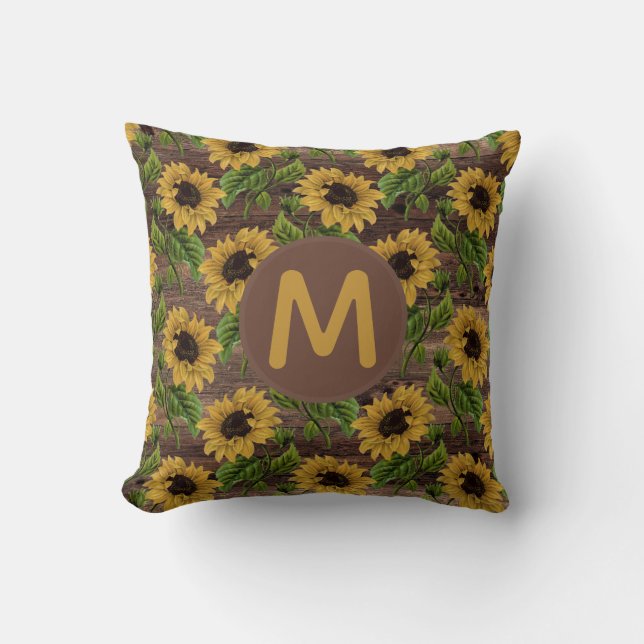 Coussin Monogramme tournesols jaunes bois rustique (Recto)