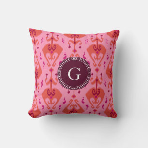Coussin Monogramme tribal de motif d'ikat rose girly chic