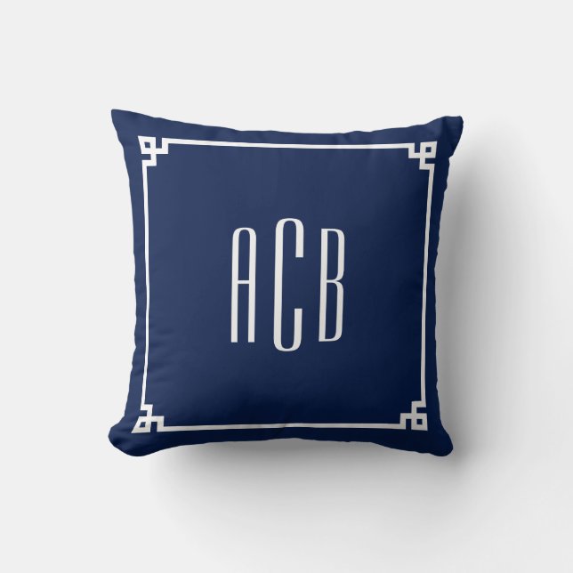 Coussin Monogramme Trois Lettres Navy et Blanc Clé Grecque (Recto)