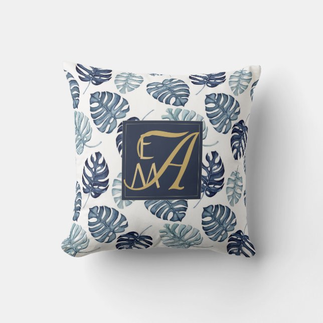 Coussin Monogramme Tropical Palm Navy Blue Gold Mariage (Recto)