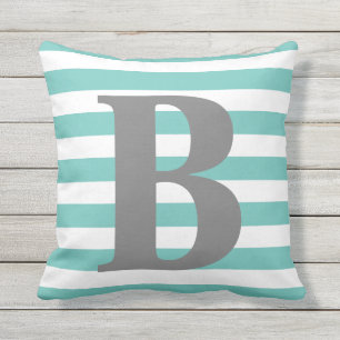 Coussin Monogramme Turquoise des bandes blanches Carré ini