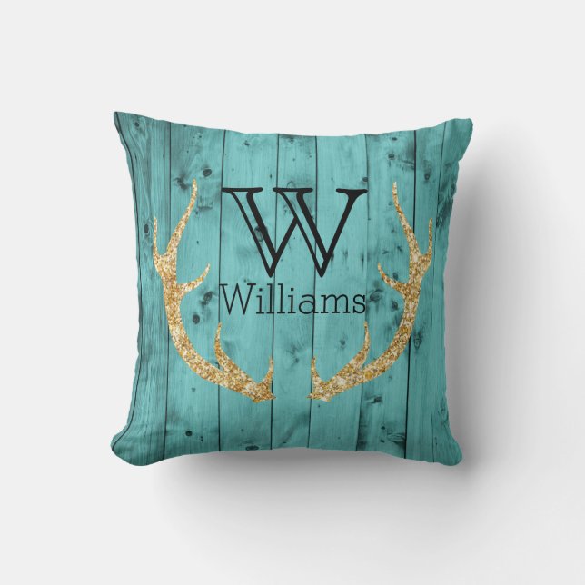 Coussin Monogramme turquoise en bois rustique d'Antler de (Recto)