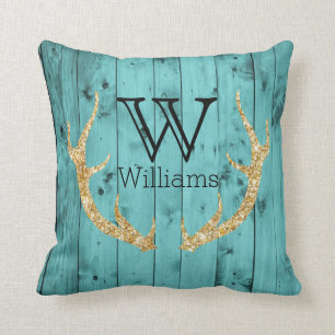Coussin Monogramme turquoise en bois rustique d'Antler de