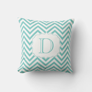 Coussin Monogramme turquoise et blanc de motif de Chevron