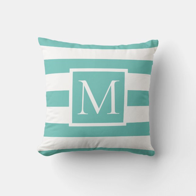 Coussin Monogramme Turquoise et blanc rayé (Recto)
