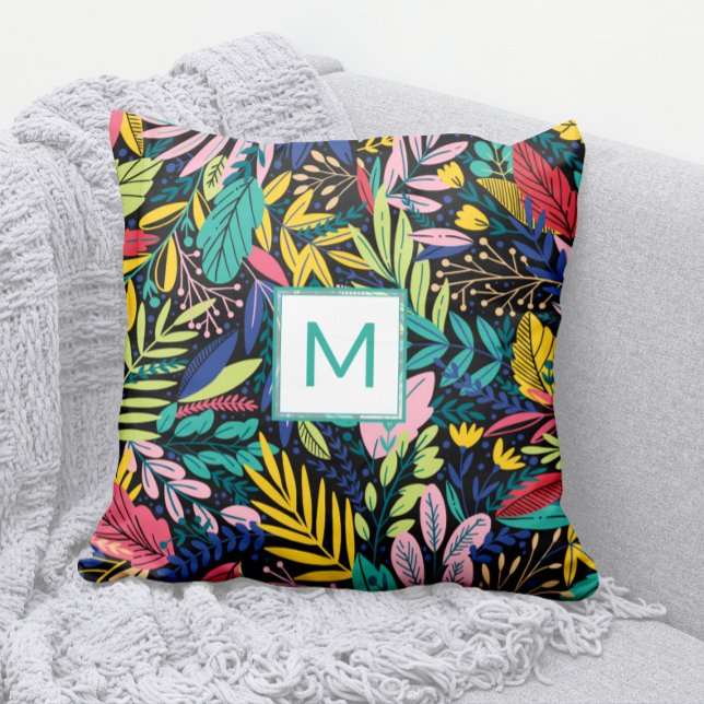 Coussin Monogramme Turquoise lumineux Art moderne Feuille (Modern Bright and Colorful Cheery Leaves Pattern Pillow with Teal Monogram)