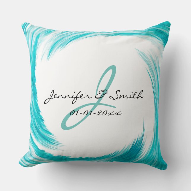 Coussin Monogramme Turquoise Swirl Art Abstrait (Recto)