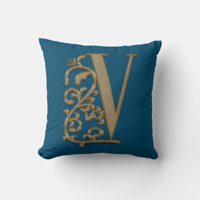 Coussin Monogramme V Bleu Océan Mariage Anniversaire (Recto)