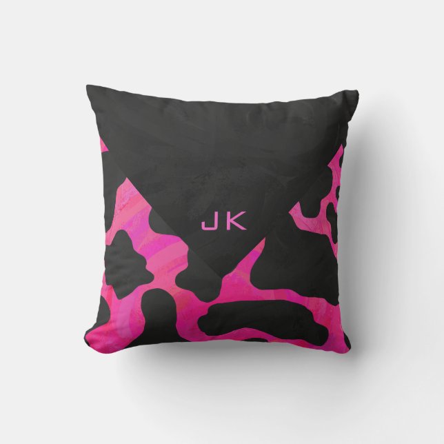 Coussin Monogramme Vache Rose et Imprimé Noir (Recto)