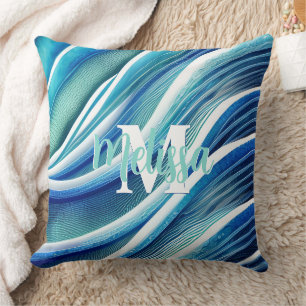 Coussin Monogramme Vagues Abstraites en bleu et vert