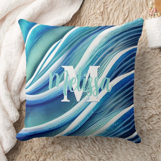 Coussin Monogramme Vagues Abstraites en bleu et vert (Couverture)