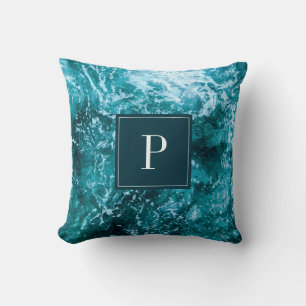 Coussin Monogramme Vagues de mer turquoise Nom Personnalis