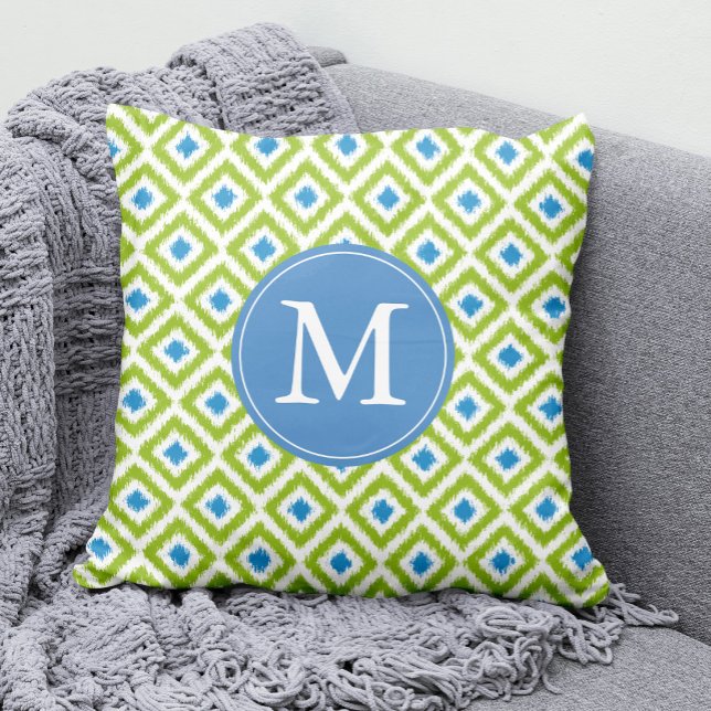 Coussin Monogramme Vert Diamants Bleus Ikat Motif (Créateur téléchargé)