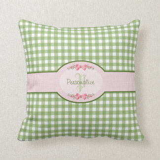 Coussin Monogramme vert Girly de guingan avec le nom