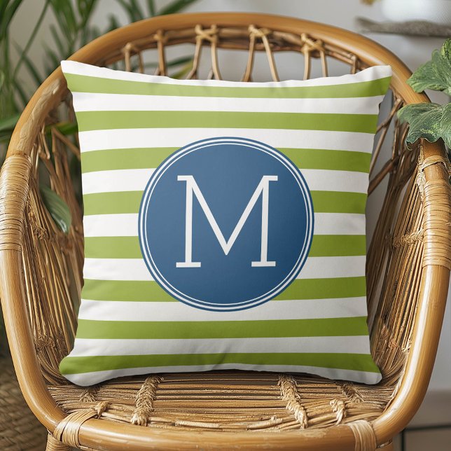 Coussin Monogramme vert Motif rayé bleu et citron vert (Custom Monogram Pillow)