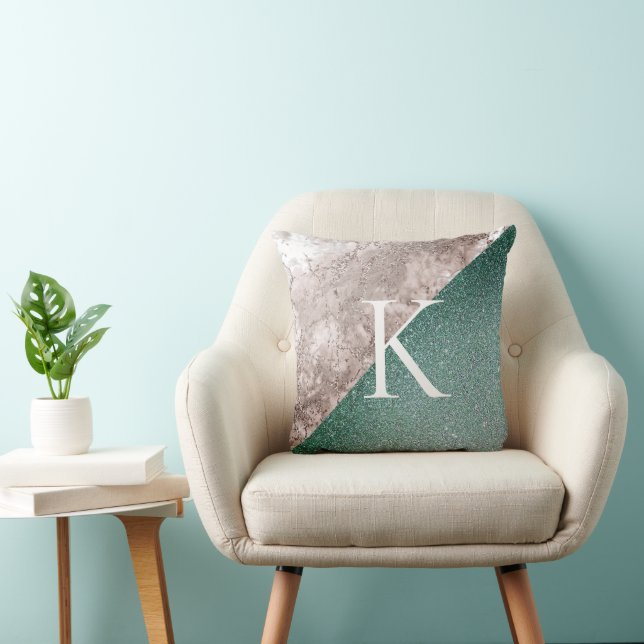 Coussin Monogramme vert pailleté de marbre rose (Chaise)