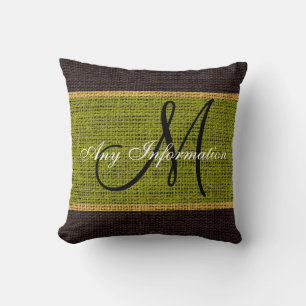 Coussin Monogramme Vert Russe Burlap Jute
