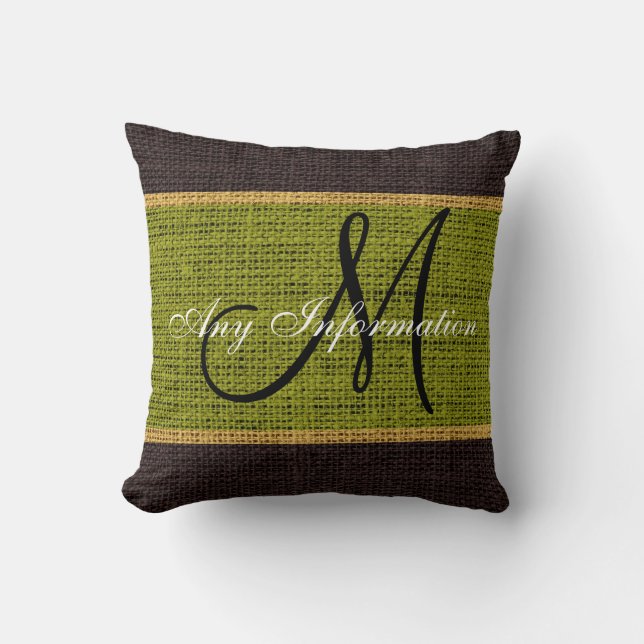 Coussin Monogramme Vert Russe Burlap Jute (Recto)