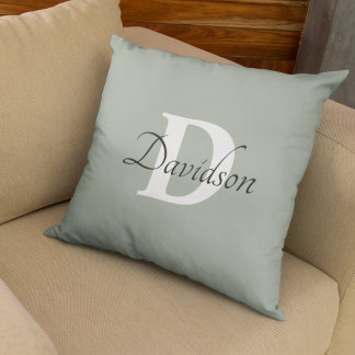 Coussin Monogramme vert Sage rustique Décor initial