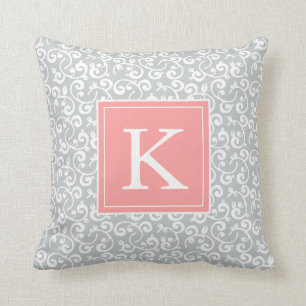 Coussin Monogramme Vignoble floral de Corail rose et de Gr
