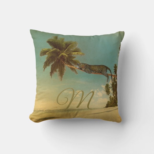 Coussin Monogramme Vintage Élégant de palme tropicale (Recto)