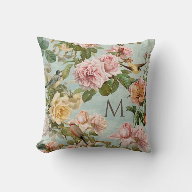 Coussin Monogramme Vintage Élégant Rose Floral Aqua (Recto)