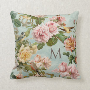 Coussin Monogramme Vintage Élégant Rose Floral Aqua