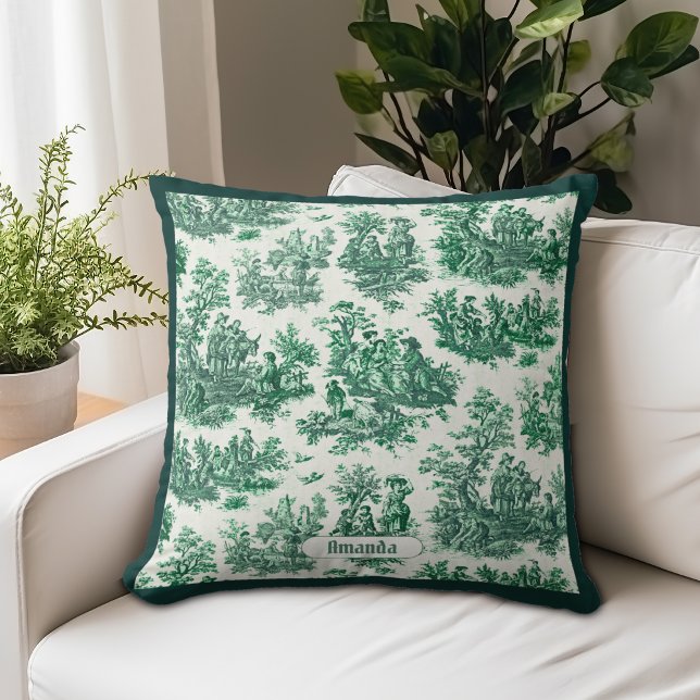 Coussin monogramme vintage fleuri vert toile jouy (Créateur téléchargé)