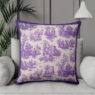 Coussin monogramme vintage fleuri violet toile de jouy