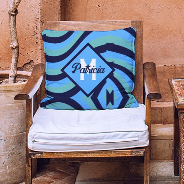 Coussin Monogramme vintage Marine Bleu & Turquoise psychéd (Créateur téléchargé)