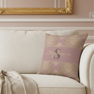 Coussin Monogramme Vintage Mauve Et Doré Damask