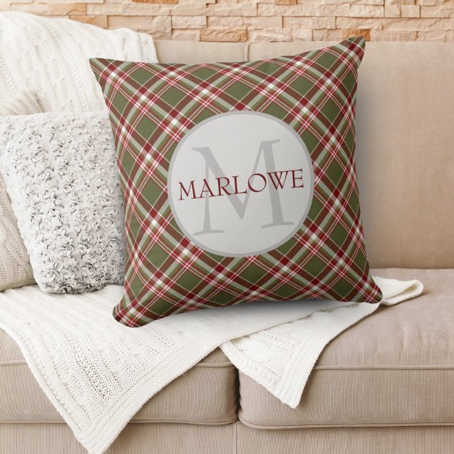 Coussin Monogramme vintage rouge vert classique plaqué per (Vintage Red Green Classic Plaid Monogram Custom Throw Pillow)