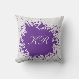 Coussin Monogramme Violet Éclaboussure Aquarelle Tendance