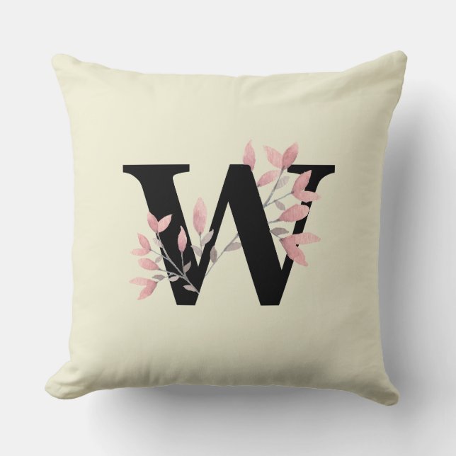 Coussin Monogramme W avec fleurs roses en spray (Recto)