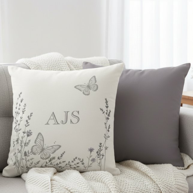Coussin Monogrammed Pillow – Elegant Botanical Butterflies (Minimalist wildflower monogram pillow)