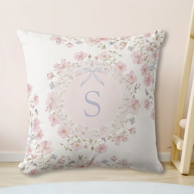 Coussin Monogrammed Pink Flowers and Lace Floral (In situ)