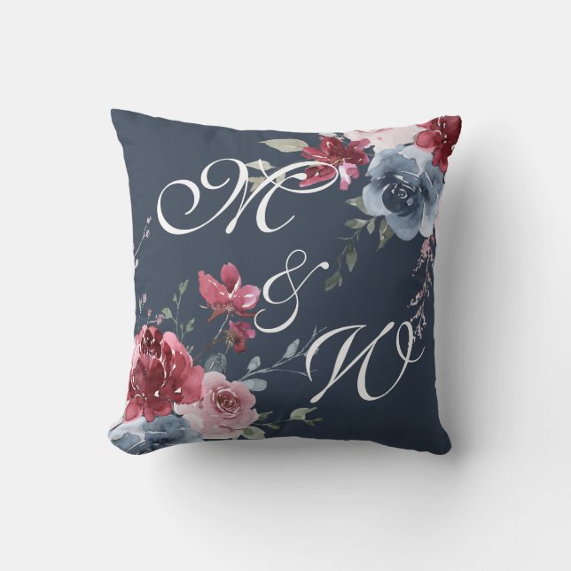 Coussin Monogrammes Initiales Dusty Rose bleu floral bleu  (Recto)