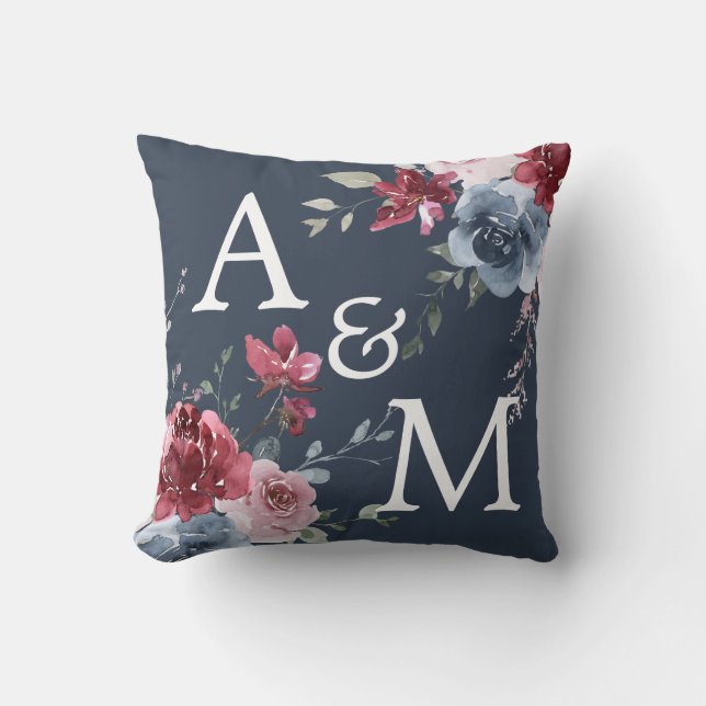 Coussin Monogrammes Initiales Dusty Rose bleu floral bleu  (Recto)