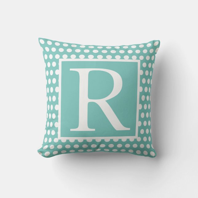 Coussin Monogrammes Turquoise Bleu Blanc Poka Dots Cadeau  (Recto)