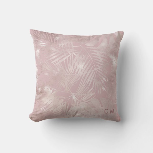Coussin Monographie de feuillage tropical rose d'or (Recto)