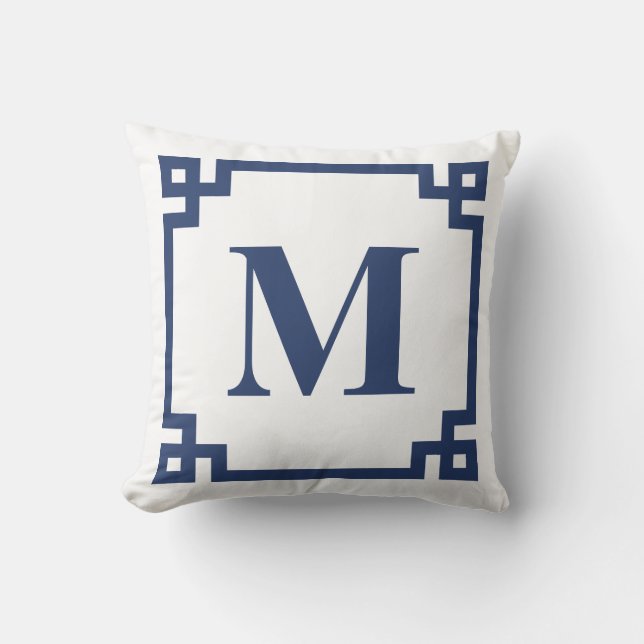 Coussin Monographie de la frontière de la clé grecque bleu (Recto)
