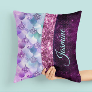 Coussin Monographie de la peau de sirène rose argent faux 