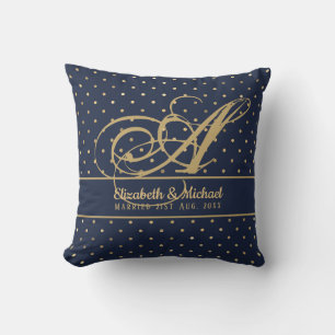 Coussin Monorgam Navy Blue Gold Polkadot Newlywes Mariage