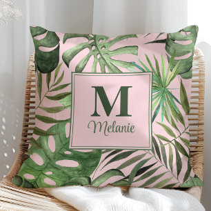 Coussin Monstera Tropical Nom et Initiale Personnalisés