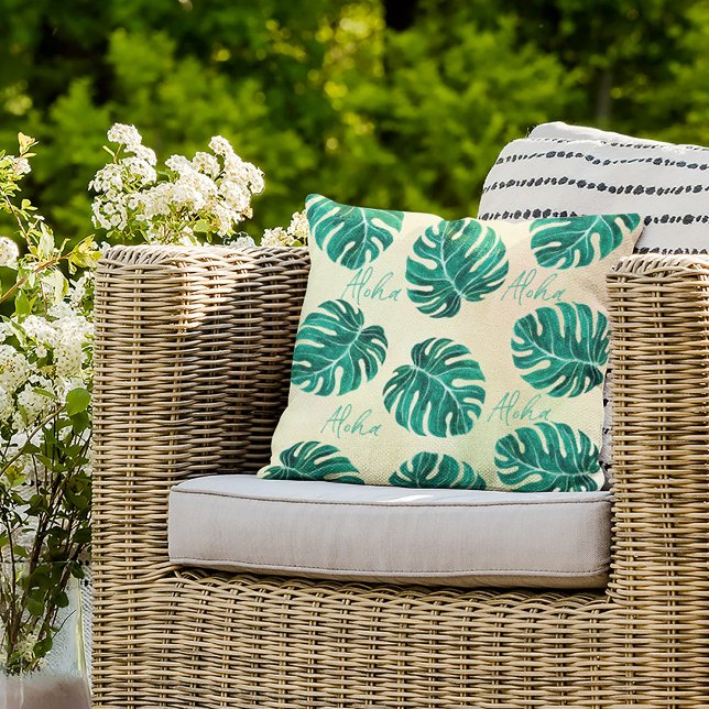 Coussin Monstère tropicale émeraude palmier vert feuille a (Créateur téléchargé)