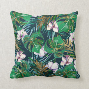 Coussin Monstre d'or Tropical Green Lilac Feuilles Floral